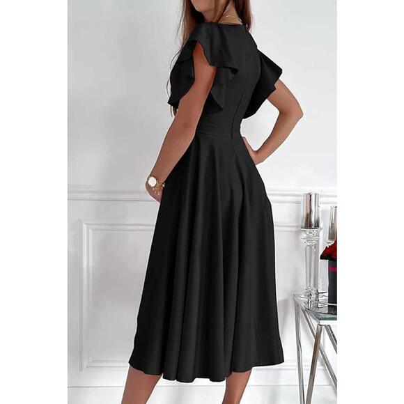 prettygarden Dresses & Skirts - Elegant Black Midi Dress with Ruffle Sleeves